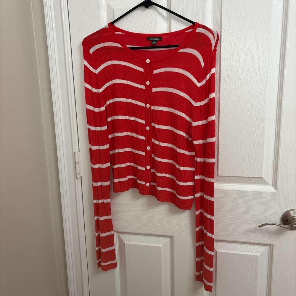 White House Black Market Red and White Striped Button-Front Cardigan